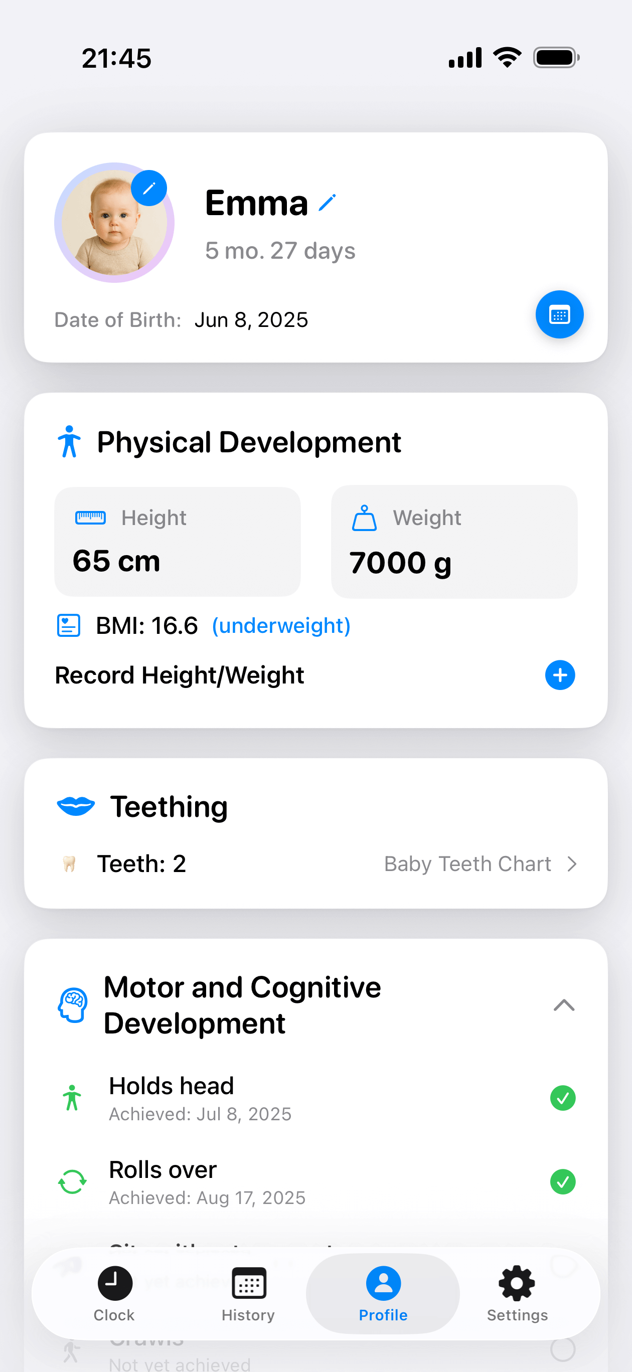 Baby growth tracker displaying weight, height, and head circumference charts over time